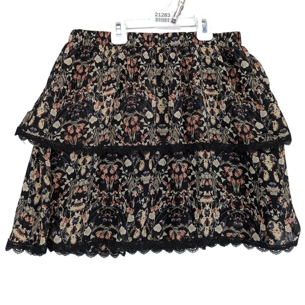 Sage The Label Black Floral Mini Skirt Size M Tiered Lace Trim Romantic Cottage